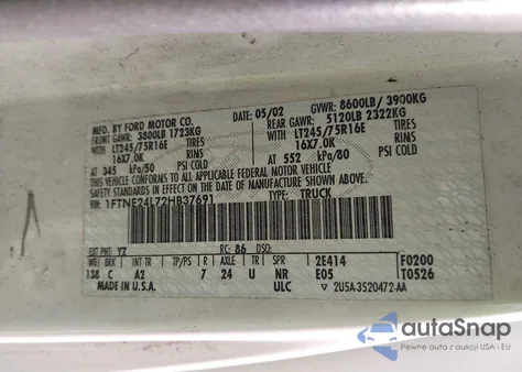 2002 Ford E-250 Commercial/Recreational from USA, damaged, VIN 1FTNE24L72HB37691